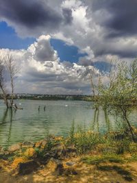 Scenic view of lake against cloudy sky