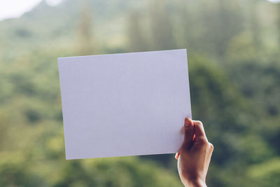 Close-up of hand holding paper against blurred background
