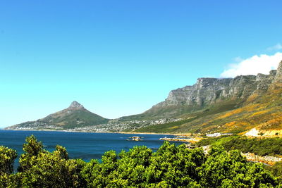 Scenic view of sea and mountains against clear blue sky