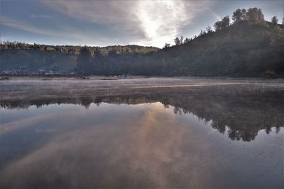Scenic view of lake by mountains against sky