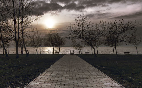 Bare trees on landscape against cloudy sky