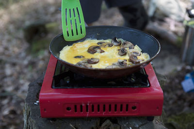 High angle view of mushroom and egg in saucepan cooking on camp stove