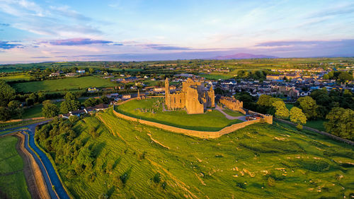 High angle view of landscape against sky during sunset