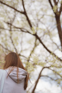 Low angle view of woman against cheery blossom tree