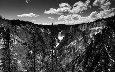 Scenic view of waterfall against sky