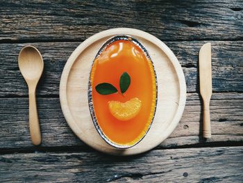 High angle view of orange slices in bowl on table