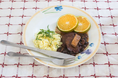 High angle view of meal served on table