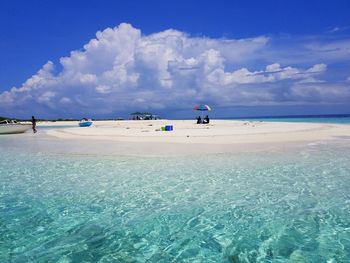 Scenic view of sea against blue cloudy sky