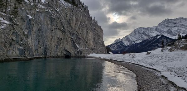 Scenic view of snowcapped mountains against sky during winter