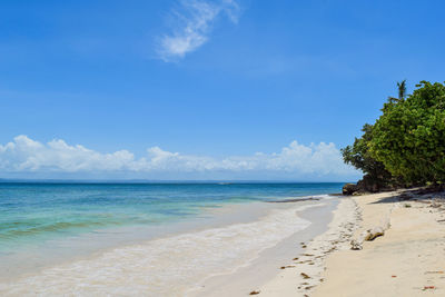 Scenic view of beach against blue sky