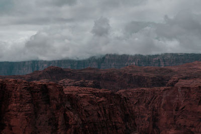 Scenic view of rocky mountains against cloudy sky