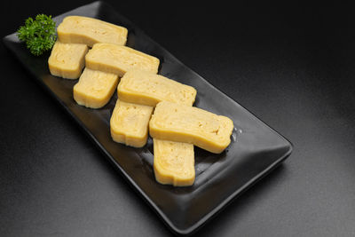 High angle view of chopped bread on table