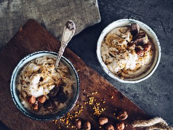 Directly above shot of dessert in bowls on table