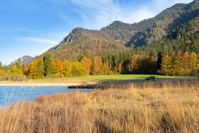 Scenic view of lake by mountain against sky