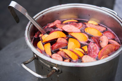 Close-up of meat in cooking pan