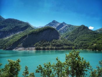 Scenic view of lake against blue sky