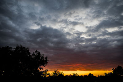 Silhouette trees against dramatic sky during sunset