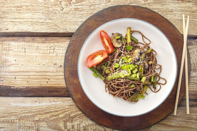 High angle view of food in bowl on table