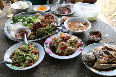 High angle view of meal served on table