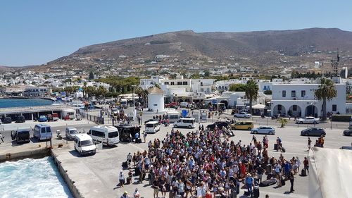 High angle view of people on street in city