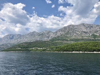 Scenic view of lake by mountains against sky