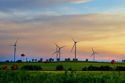 Windmill turbines at sunset, wind energy concept