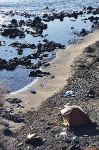 High angle view of rocks on beach