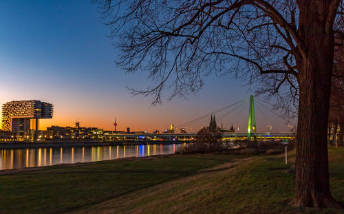 Bridge over river in city at night