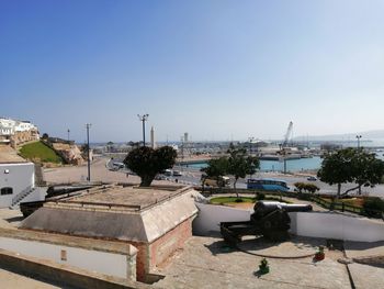 High angle view of built structures against clear sky