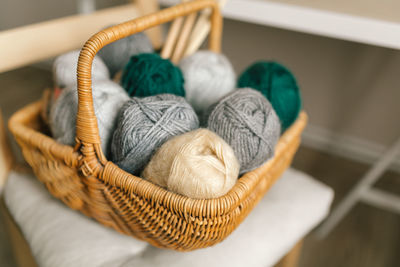 High angle view of ropes in basket