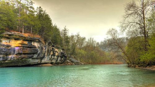 Scenic view of river with trees in background