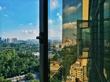 Cityscape seen through window