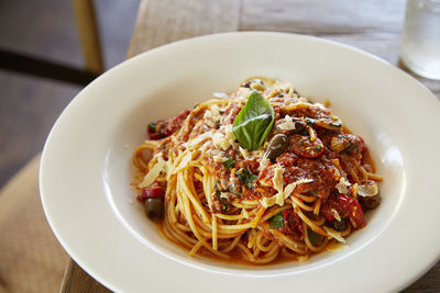 High angle view of noodles in plate on table