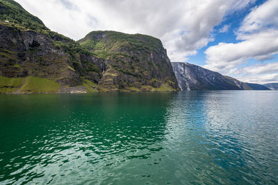 Scenic view of calm lake against cloudy sky