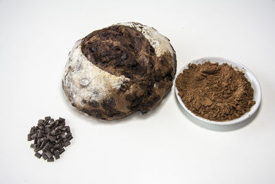 High angle view of food on table against white background