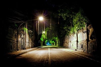 Empty road along illuminated trees at night