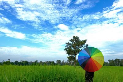 Multi colored umbrella on field against sky