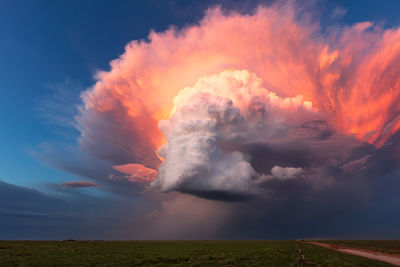 Supercell thunderstorm with dramatic sky at sunset