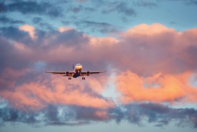 Low angle view of airplane flying at sunset