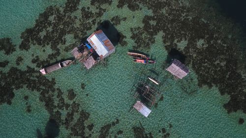 High angle view of food on beach against buildings