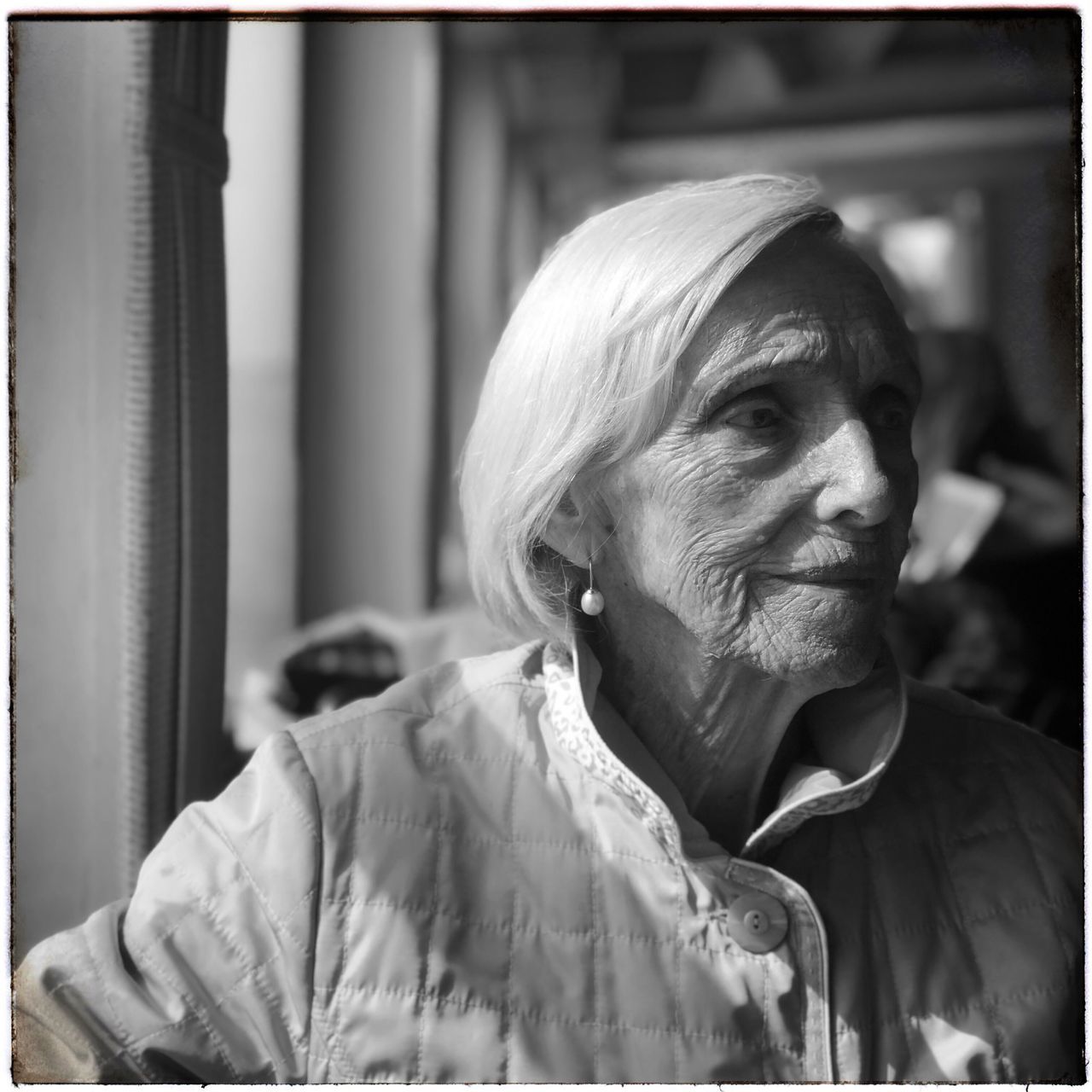 senior adult, portrait, headshot, one person, adult, real people, transfer print, senior men, lifestyles, men, males, auto post production filter, wrinkled, focus on foreground, looking, looking away, day, close-up, hairstyle, white hair, contemplation