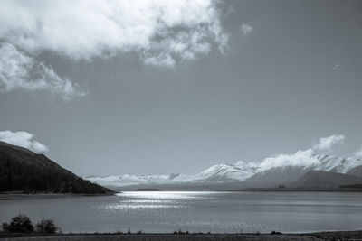 Scenic view of lake by mountains against sky