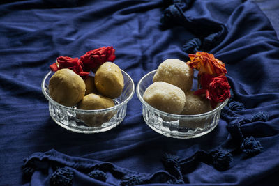 High angle view of fruits in bowl on table