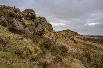 Rock formations on landscape against sky