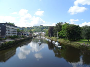 Scenic view of lake against sky in city