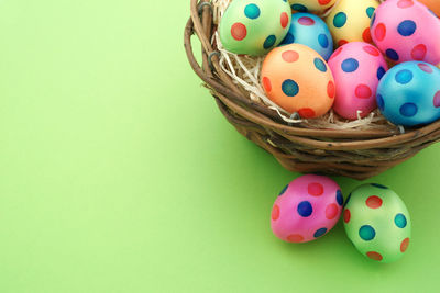 Close-up of multi colored eggs in basket