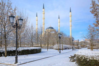 Snow covered plants and buildings against sky