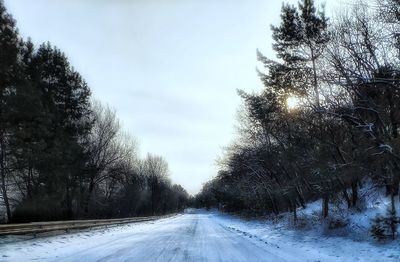 Road amidst snow covered trees against sky