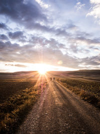 Road amidst agricultural field against sky during sunset