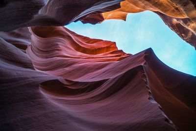 Directly below shot of rock formation against sky at antelope canyon